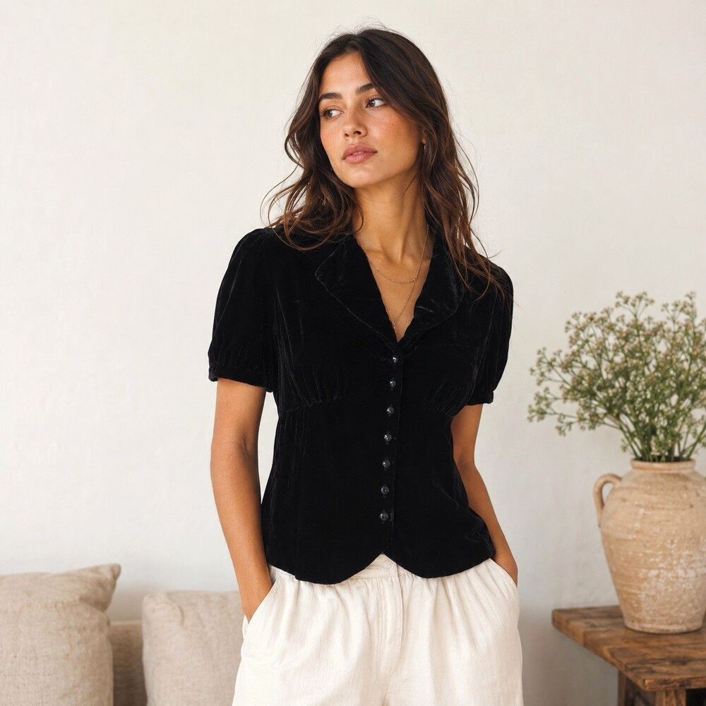 Vintage Talbots Petites Black Silk Blend Velvet Top Women’s 10 Puff Sleeve Y2K